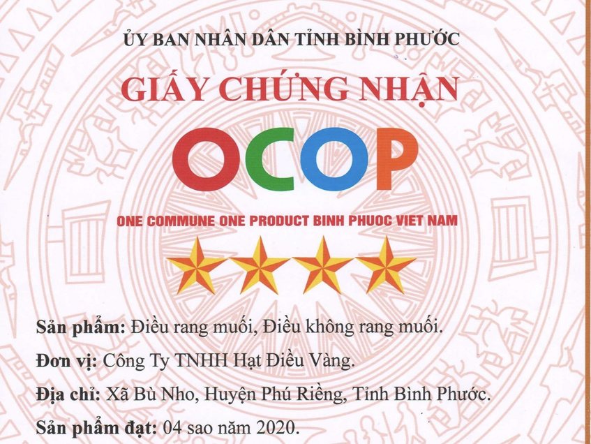 Gold cashew get4 star ocop certificate 